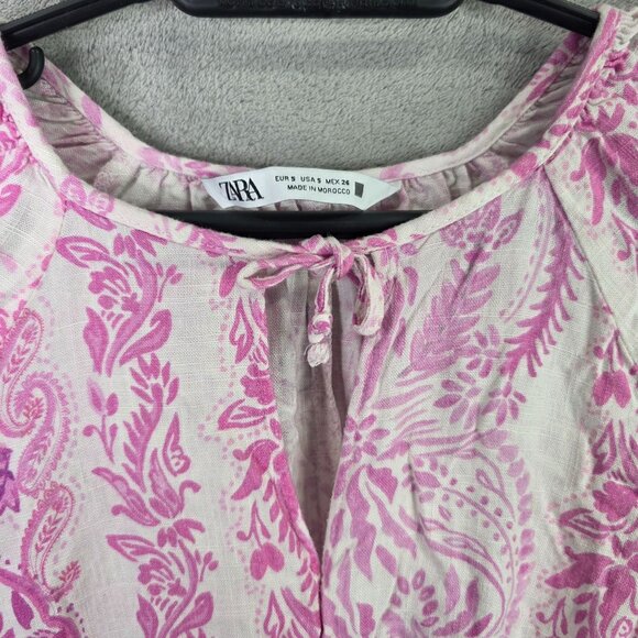Womens Zara Pink & White Paisley Print Mini Dress Smocked Waist Ruffle Hem S - Picture 2 of 8